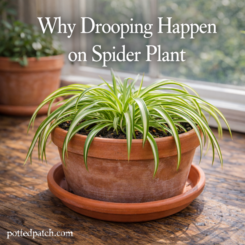 Spider plant in a terracotta pot with drooping green and white leaves near a bright indoor window.
