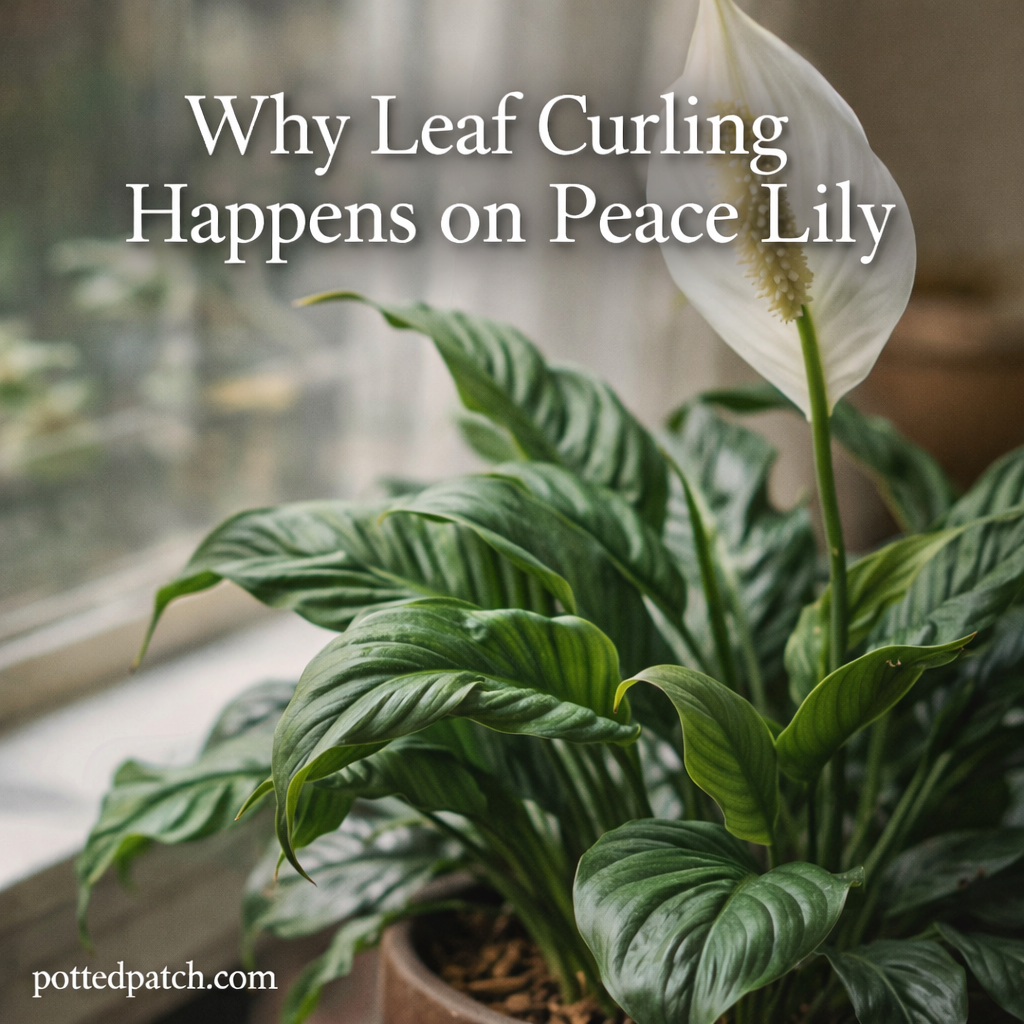 Peace Lily with curled green leaves near a bright window featuring the title “Why Leaf Curling Happens on Peace Lily” in white serif font and pottedpatch.com watermark in the bottom left.