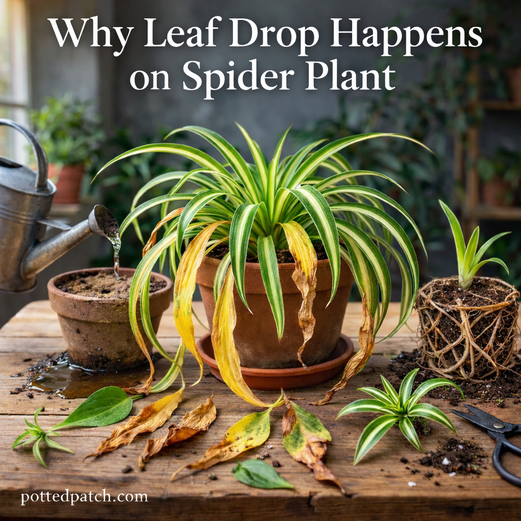 Spider plant with yellowing and fallen leaves on a wooden table showing signs of leaf drop stress.