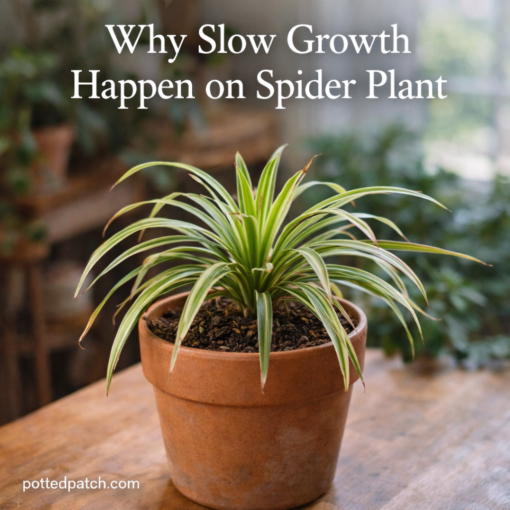 Spider plant in terracotta pot showing slow growth with the title Why Slow Growth Happen on Spider Plant.