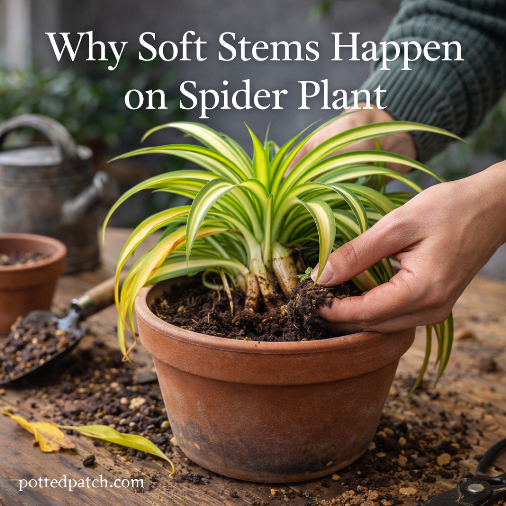 Spider plant with soft, discolored stems near the soil line indicating overwatering or rot.