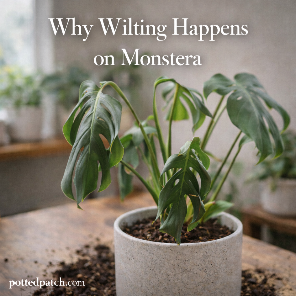 Wilting Monstera plant with drooping green leaves in a pot indoors.