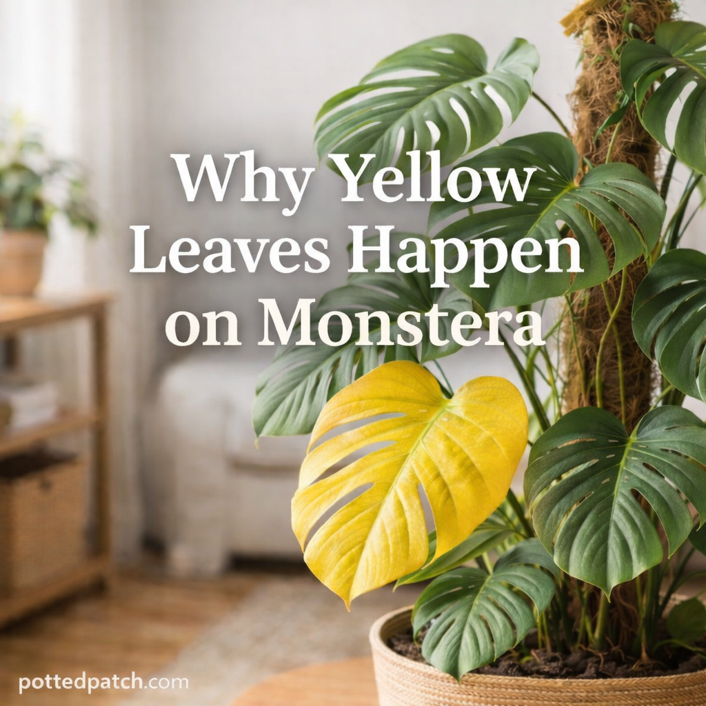 Monstera plant with yellow leaves showing common indoor plant care problems.
