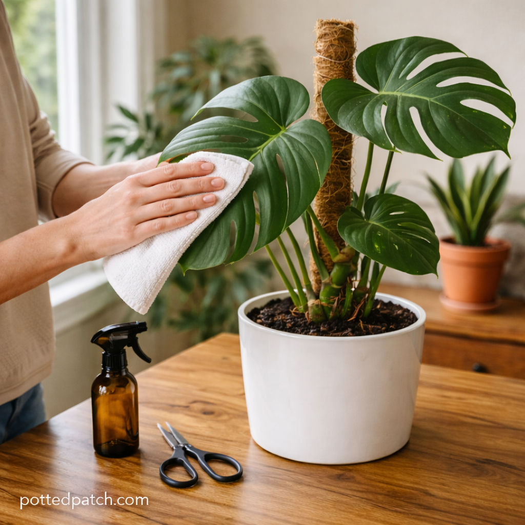 Person wiping dust from Monstera leaves as part of a weekly plant care routine.