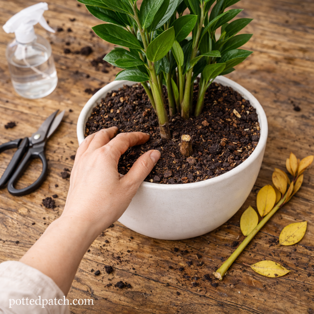 Freshly pruned ZZ plant showing clean stem cuts at the soil line with removed yellow stem placed beside the pot.