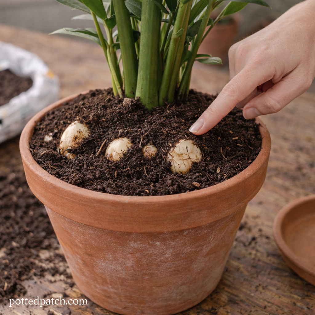 Close-up of a repotted ZZ plant showing rhizomes partially exposed above the soil at the correct depth.