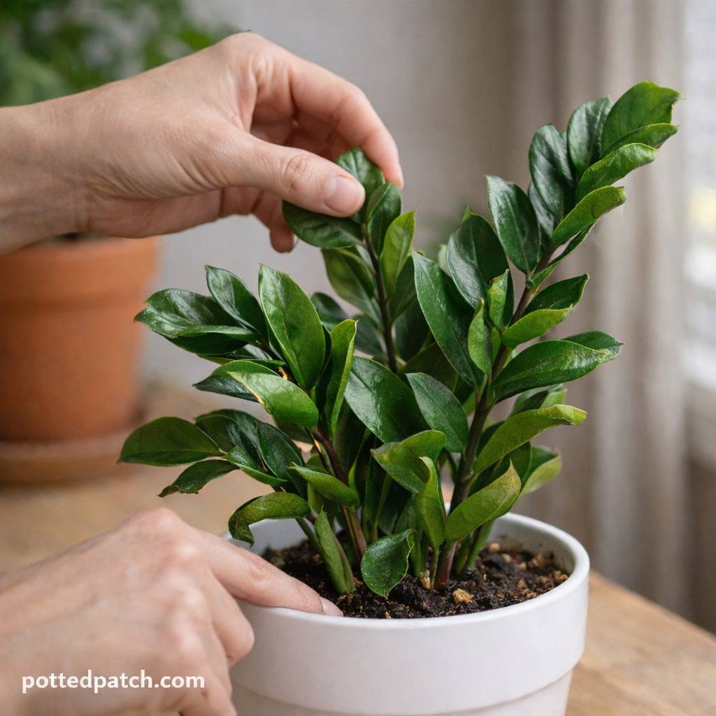 Person gently inspecting curling leaves on a ZZ plant in a white pot indoors with pottedpatch.com watermark.