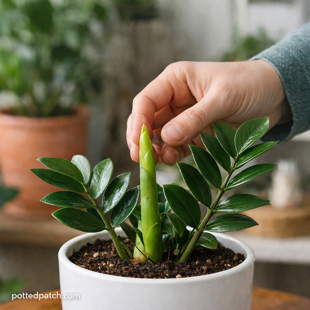 Person gently touching fresh new growth on a ZZ plant in a white pot indoors.