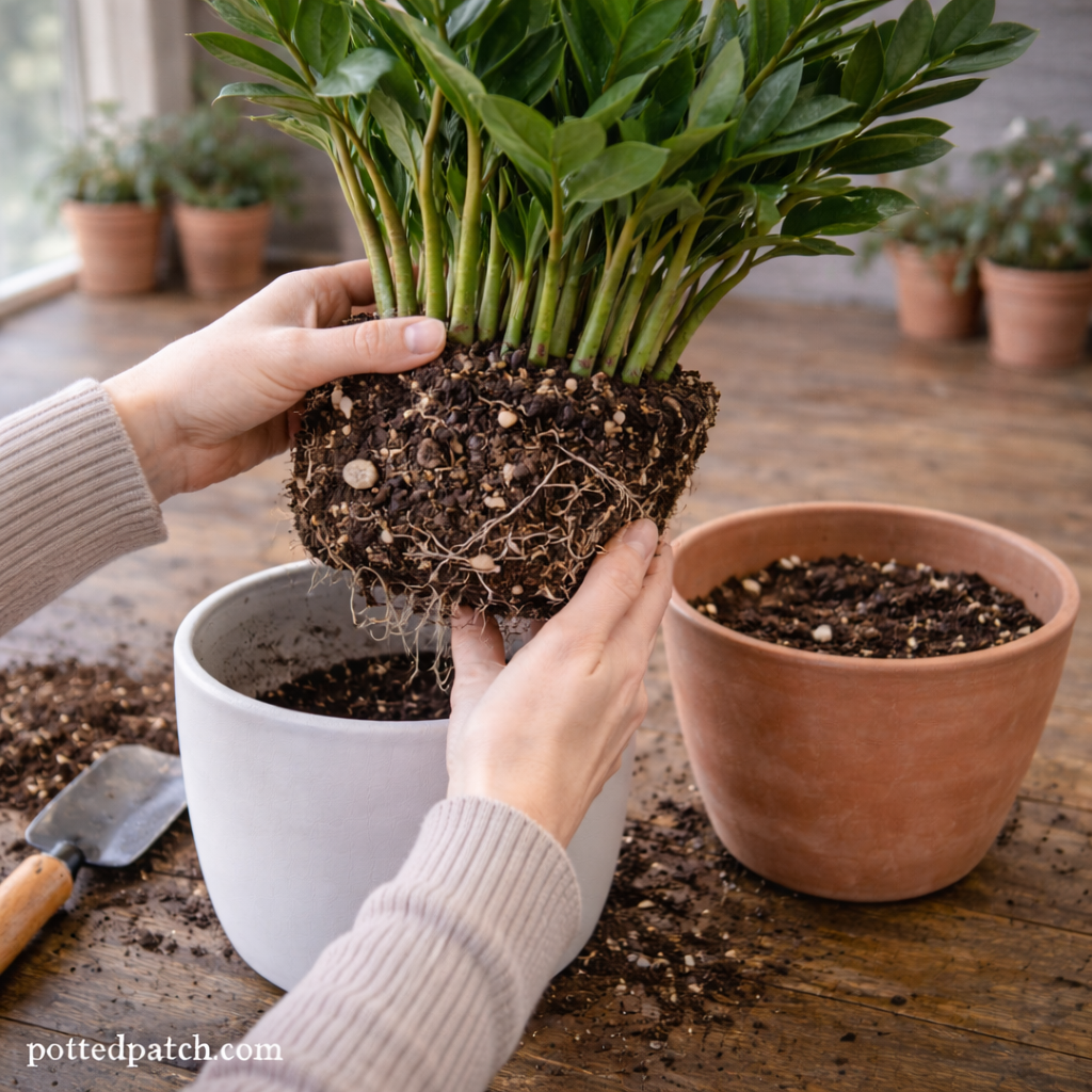 Person lifting a ZZ plant from its pot to check root and rhizome size before repotting.