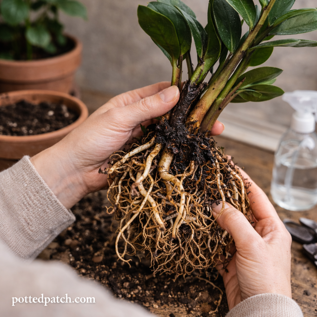 Person holding a ZZ plant with exposed roots and soft darkened stems while inspecting for root rot indoors.