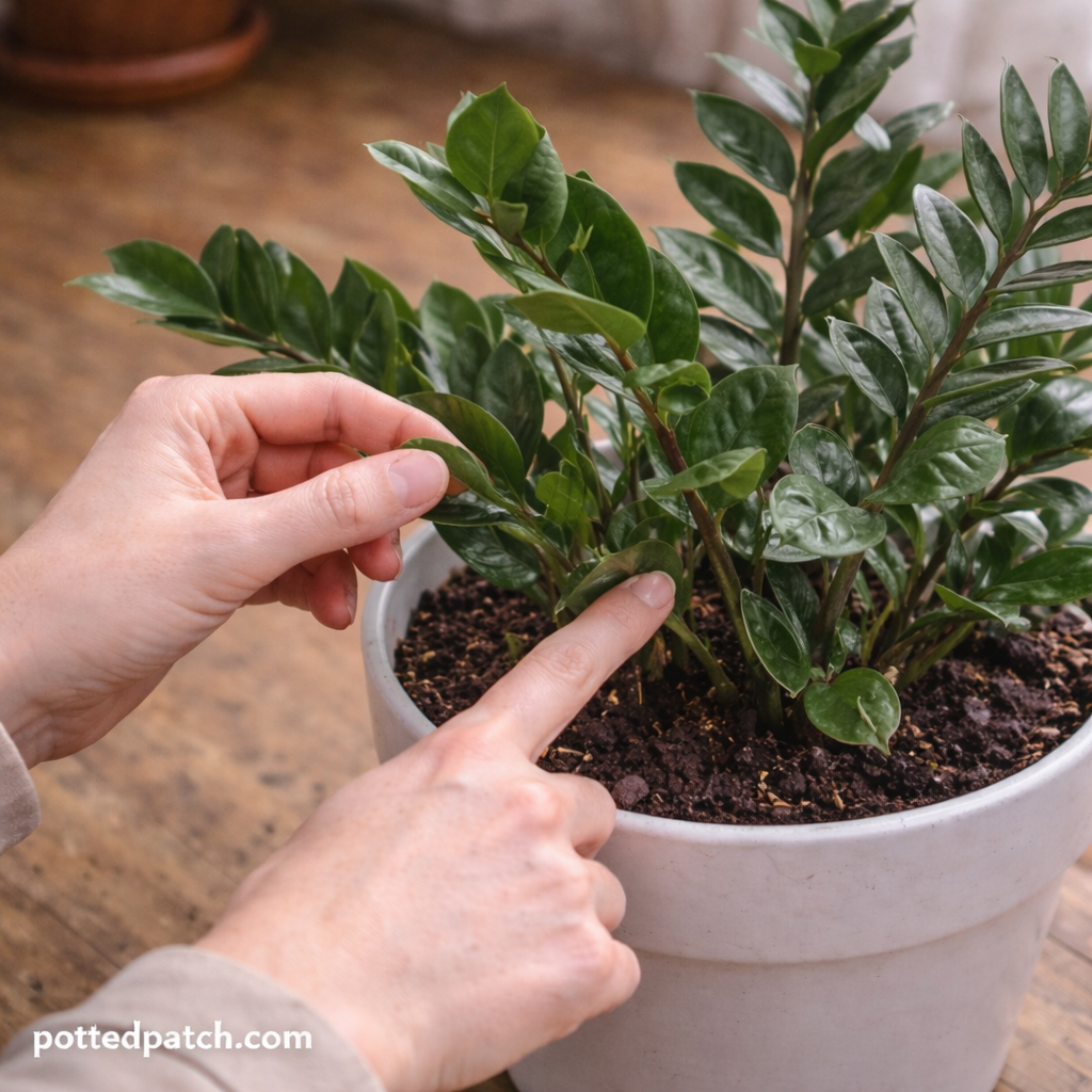 Person checking soil moisture and inspecting curled leaves on a ZZ plant indoors with pottedpatch.com watermark.