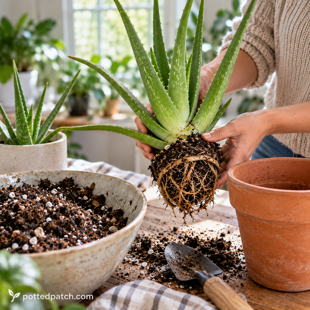 Person inspecting the roots of a houseplant while repotting it into fresh, well-draining soil.