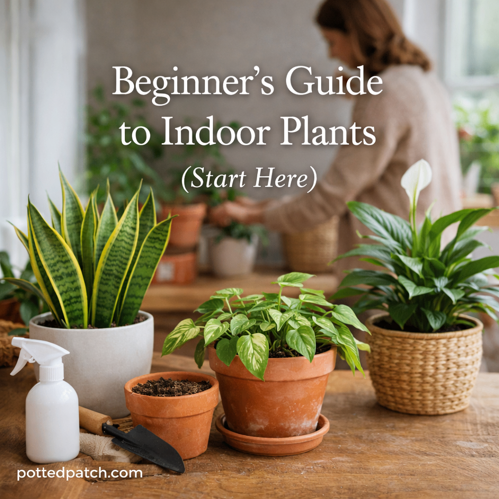 Beginner indoor plant setup with snake plant, pothos, and peace lily demonstrating simple houseplant care essentials.