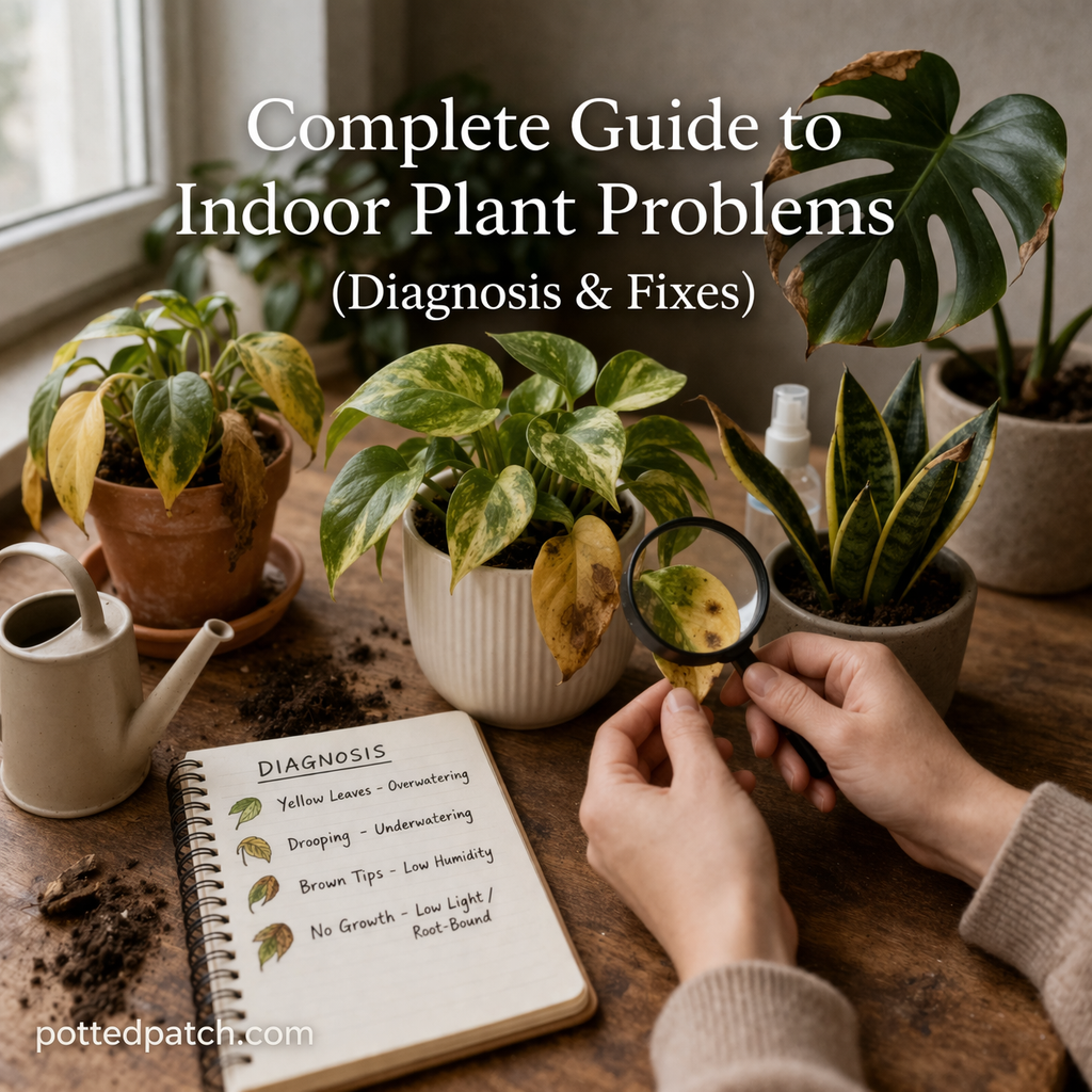 Person diagnosing indoor plant problems by examining yellow leaves on a houseplant with tools and multiple plants nearby.