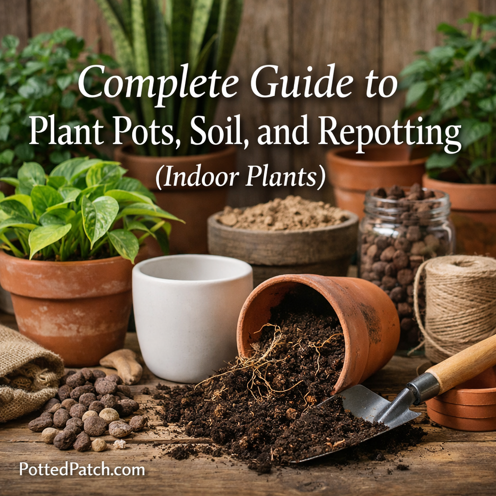 Indoor plant repotting setup with terracotta pots, soil, and tools showing how to repot houseplants properly.