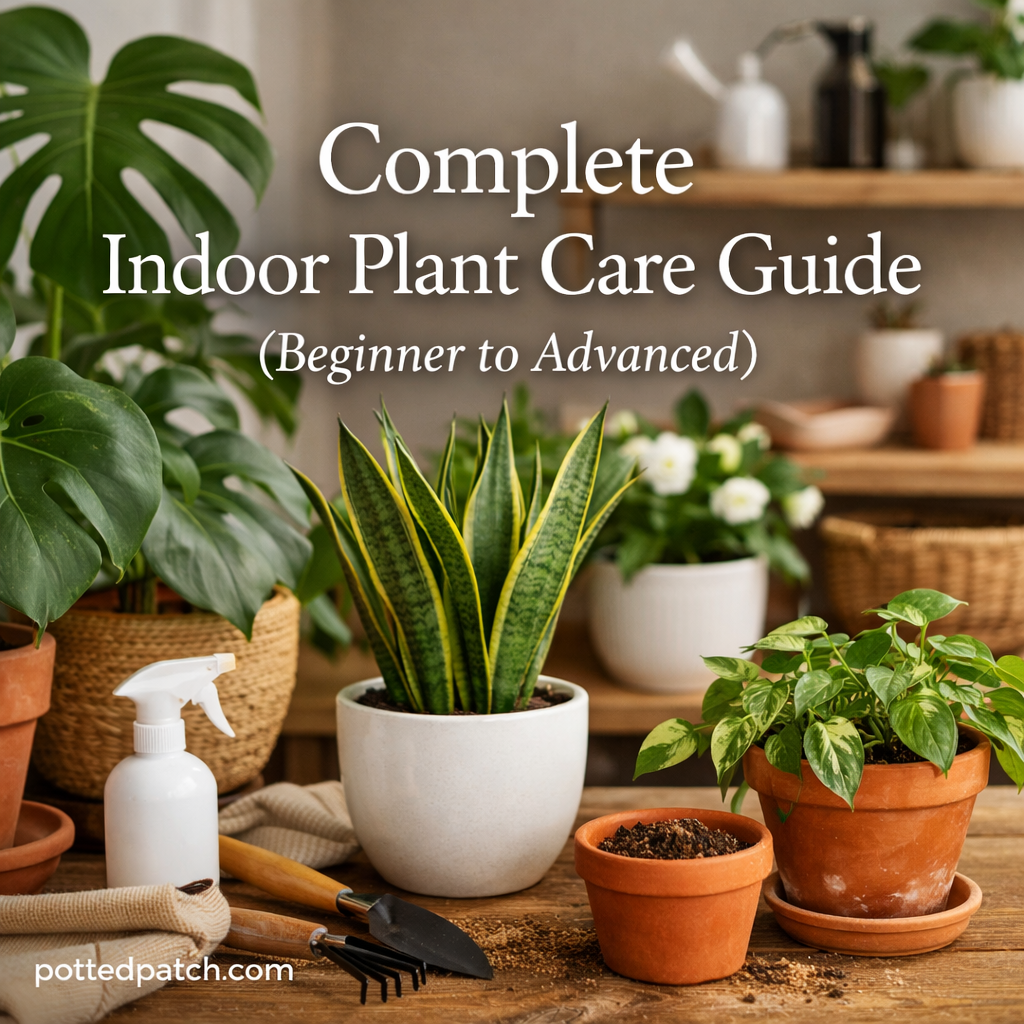 Indoor plant care setup with snake plant, pothos, and monstera demonstrating beginner to advanced houseplant care techniques.