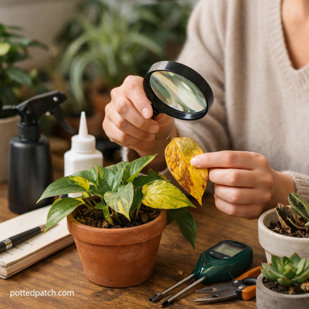 Person examining yellow leaves on a pothos plant with a magnifying glass to diagnose indoor plant problems.