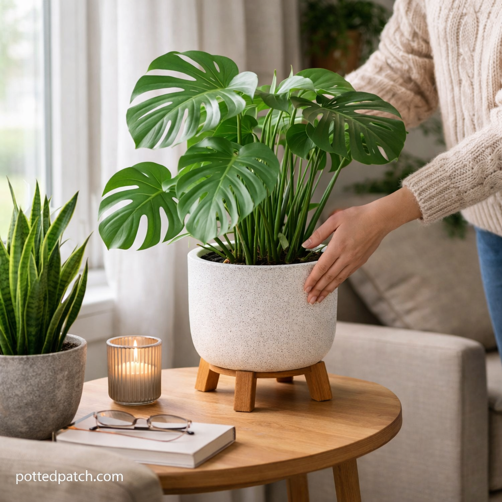 Person placing a monstera plant on a table near a window in a living room with natural light.