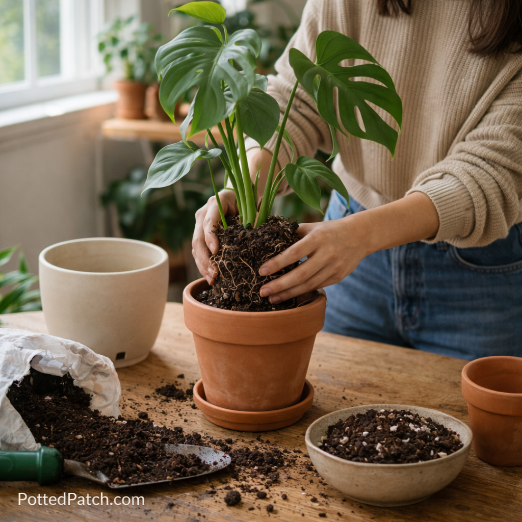 Person repotting a monstera plant into a terracotta pot with fresh soil on a wooden table indoors.