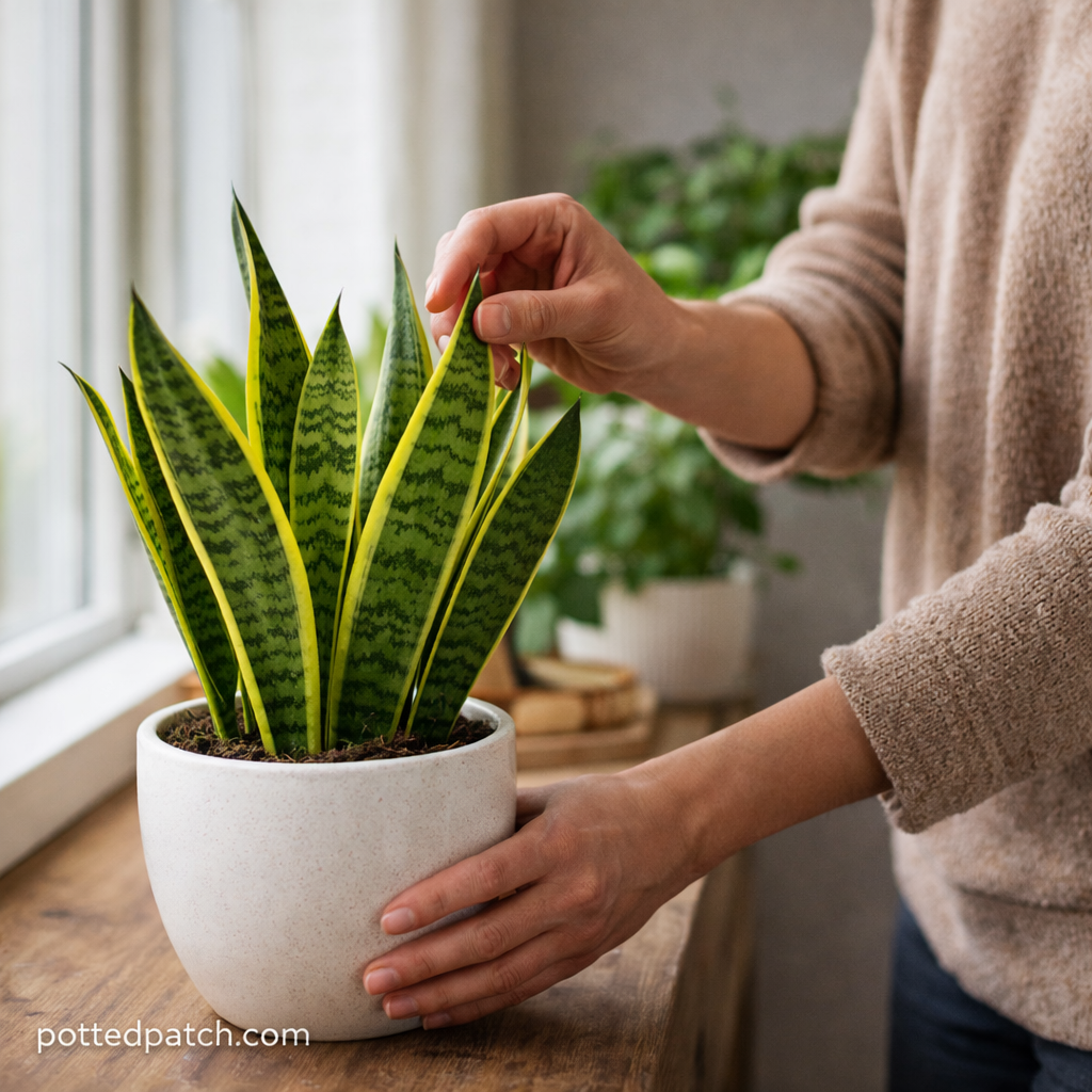 Person gently adjusting and caring for a snake plant near a window with natural light in an indoor home setting.