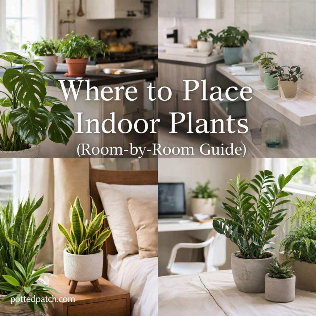 Indoor plants placed in different home spaces including bedroom, kitchen, and bathroom showing ideal placement by room.