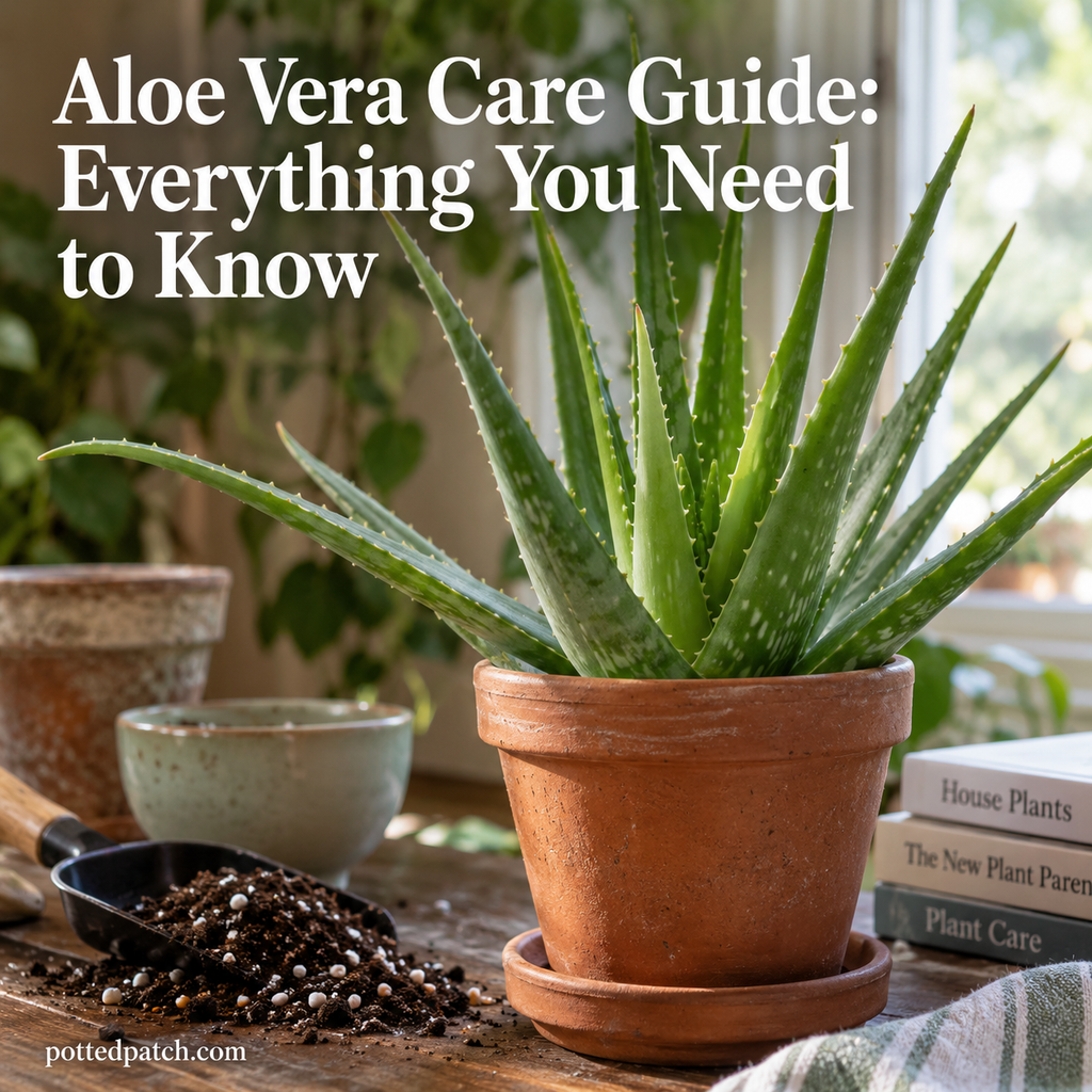 Healthy aloe vera plant in a terracotta pot with soil and repotting supplies