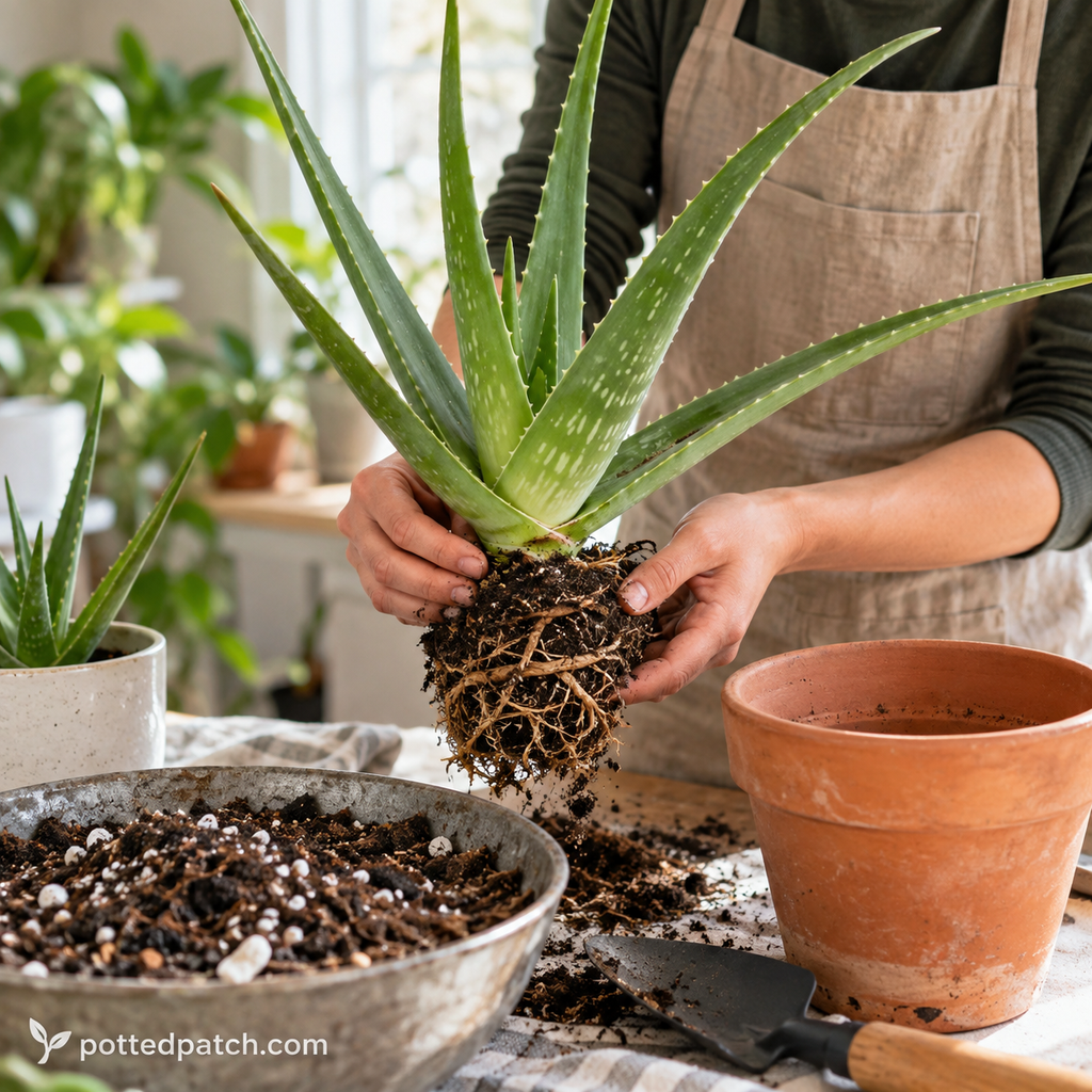 Person repotting an aloe vera plant and inspecting its roots before placing it in fresh, well-draining soil.