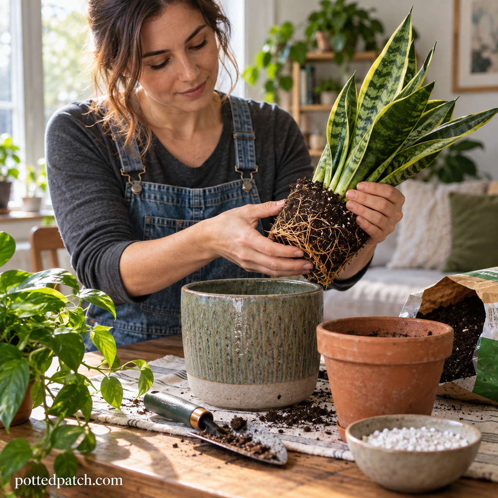 Woman repotting a snake plant in a bright apartment while checking its roots and pot size.