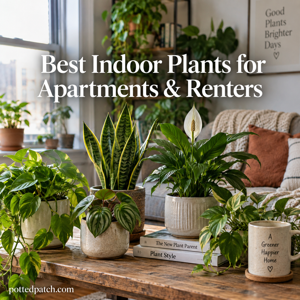Best indoor plants for apartments and renters arranged in a bright, cozy apartment living room.