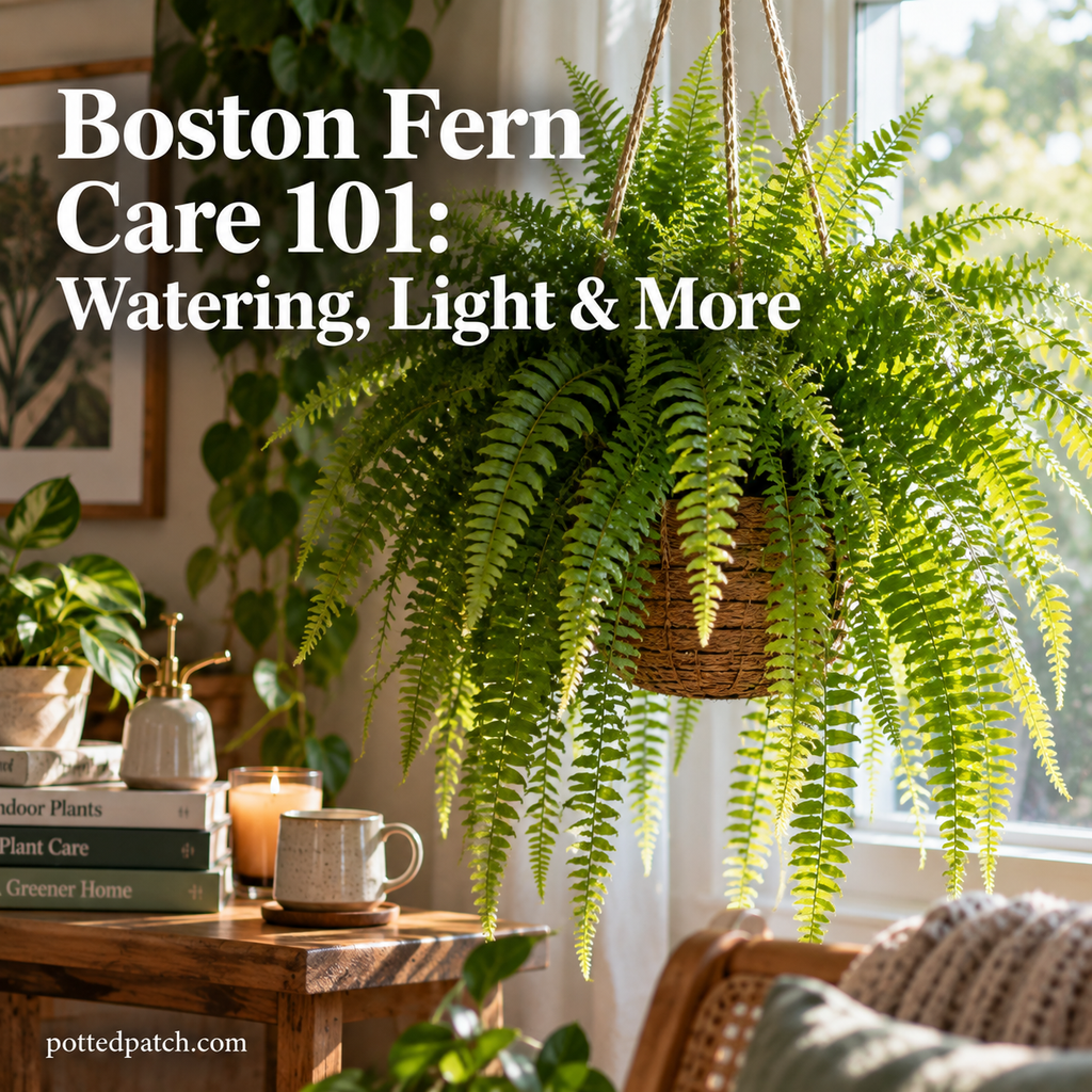 Healthy Boston fern in a hanging basket growing near a bright window indoors