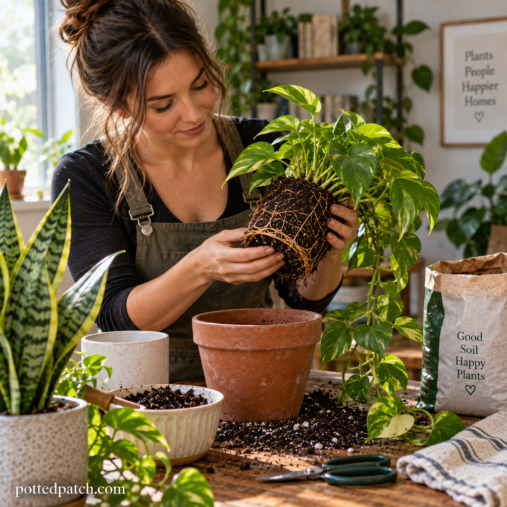 Woman checking pothos roots to see if the indoor plant needs repotting.