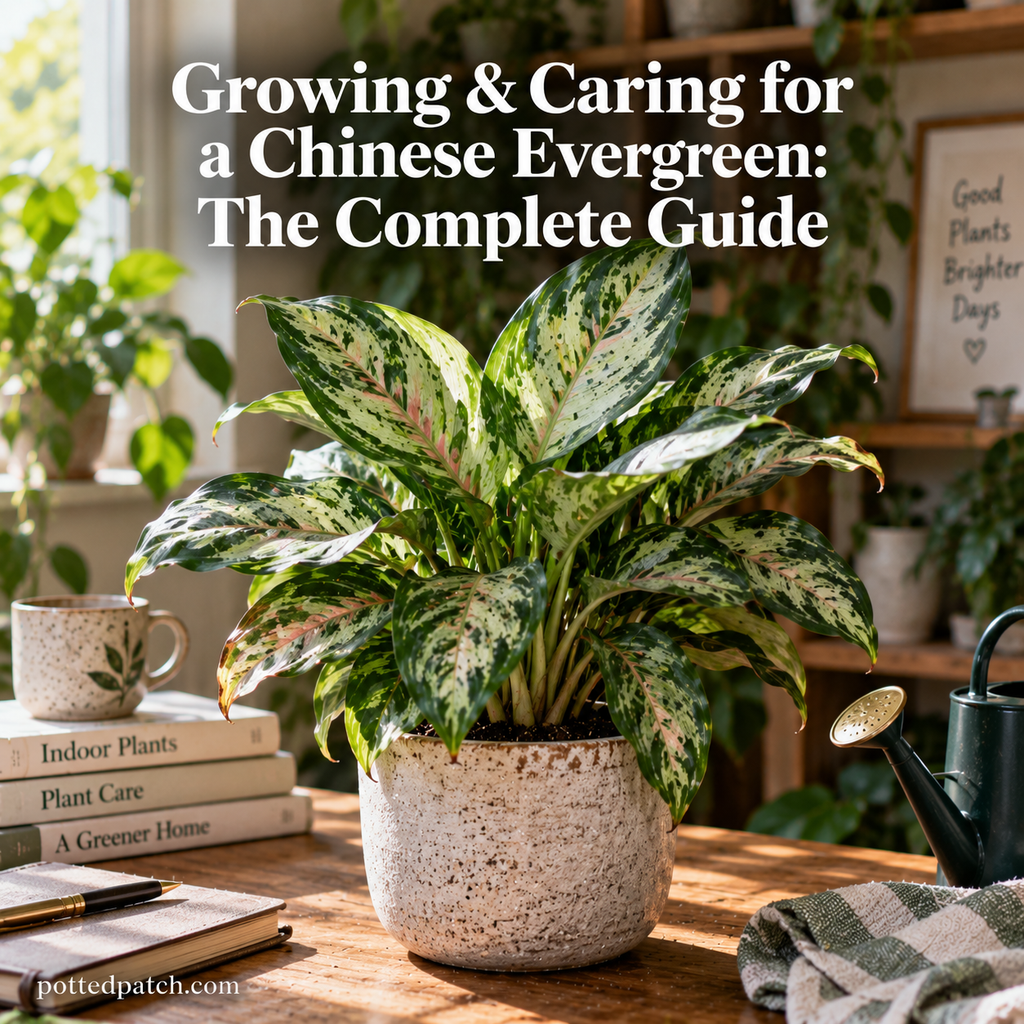 Healthy Chinese evergreen with variegated green, cream, and pink leaves growing in a ceramic pot indoors