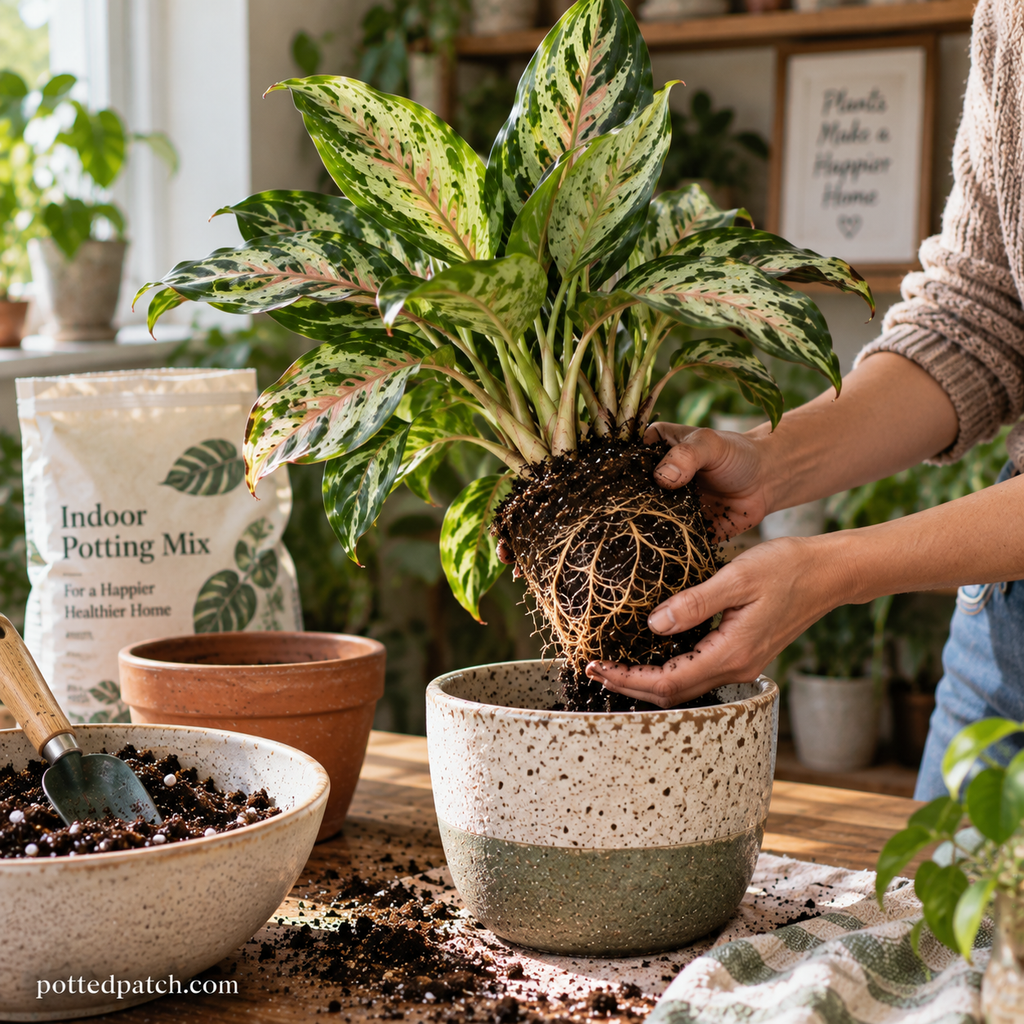 Person repotting a Chinese evergreen and inspecting its healthy roots before placing it in fresh potting mix