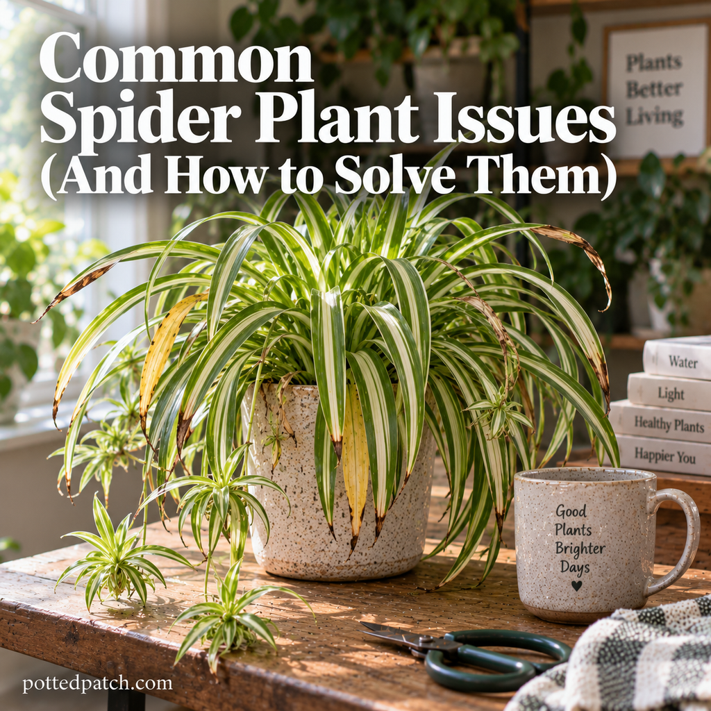Spider plant with brown tips and yellow leaves showing common plant problems