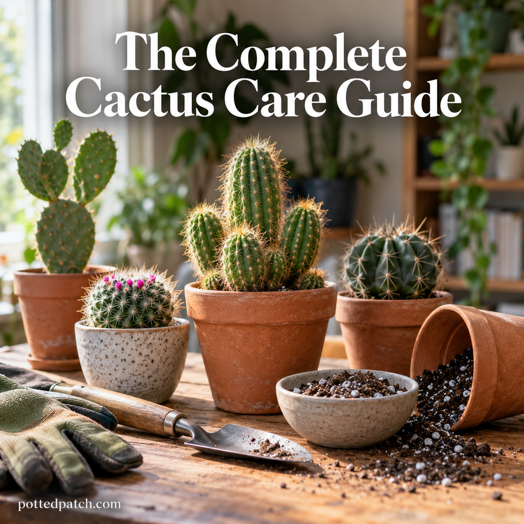 Indoor cacti in terracotta pots with fast-draining cactus soil, perlite, and repotting tools