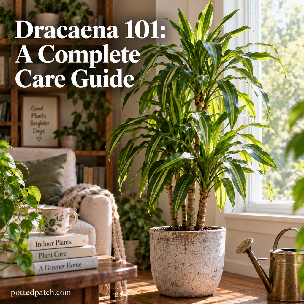 Tall indoor Dracaena with striped green leaves growing in a ceramic pot beside a bright window