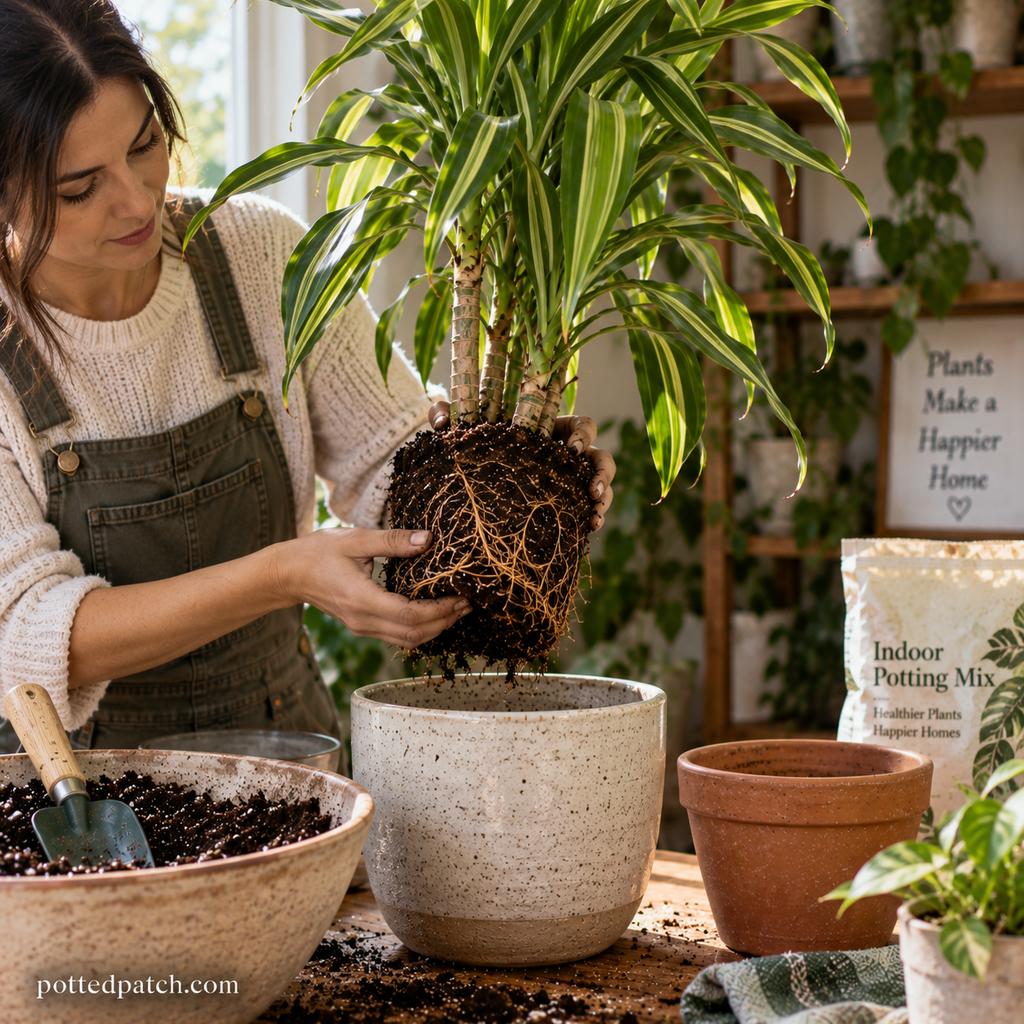 Person repotting a Dracaena and inspecting its healthy root system before placing it in fresh potting soil