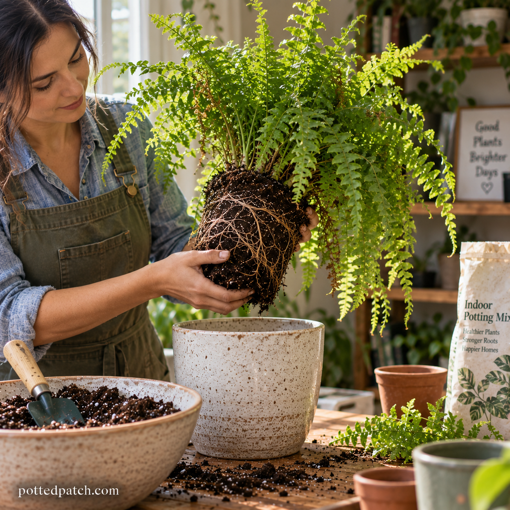 Person inspecting a fern’s healthy roots while repotting it into fresh, well-draining potting mix