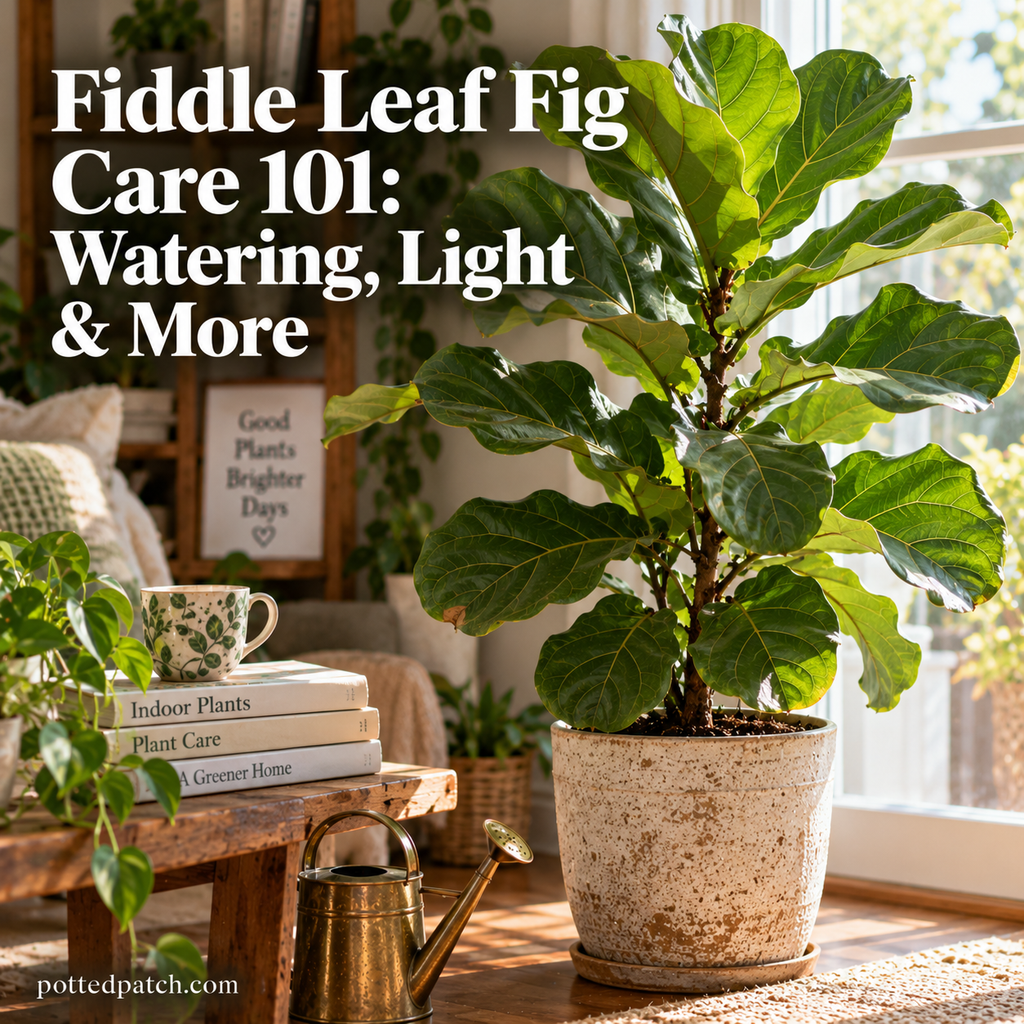 Healthy fiddle leaf fig with large green leaves growing in a ceramic pot beside a bright indoor window
