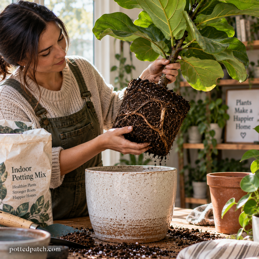 Person inspecting a fiddle leaf fig’s exposed roots while repotting it into fresh, well-draining soil