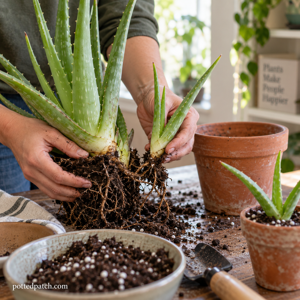 Person separating an aloe vera pup with roots from a mature plant for propagation