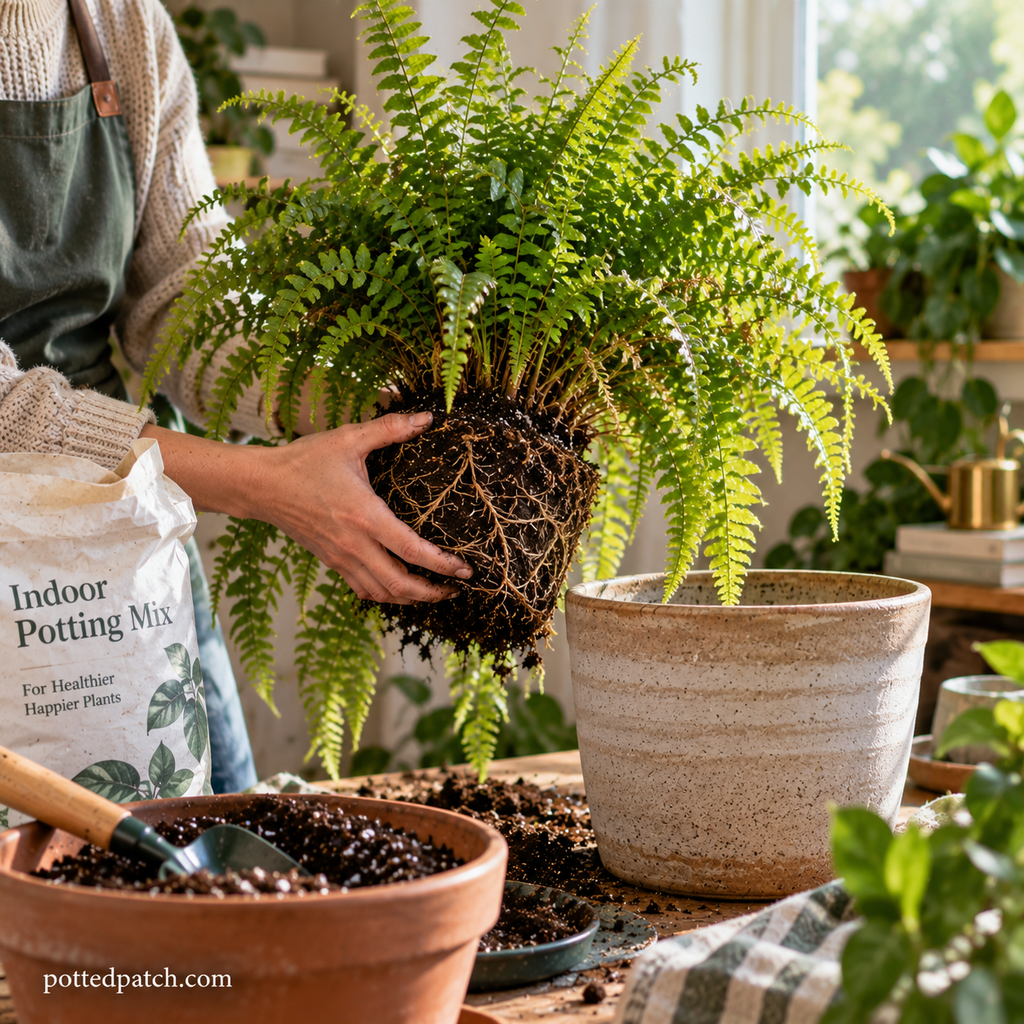 Person repotting a Boston fern and inspecting its exposed root ball before placing it in a larger pot