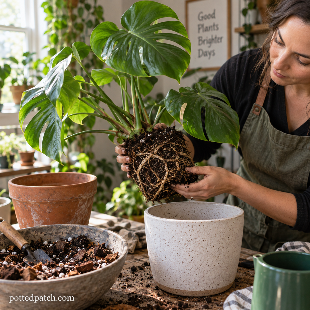 Person inspecting a Monstera root ball while repotting the plant into a larger pot