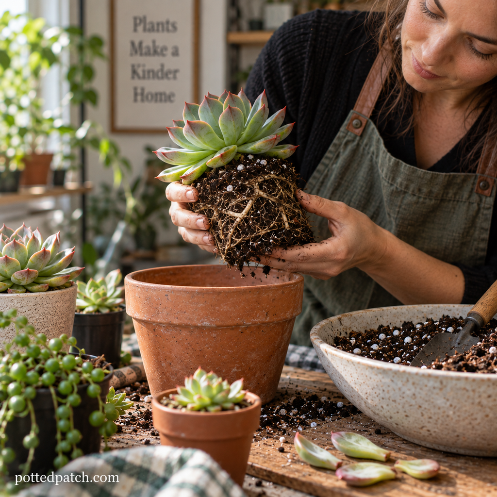 Person inspecting succulent roots while repotting an Echeveria in fresh well-draining soil