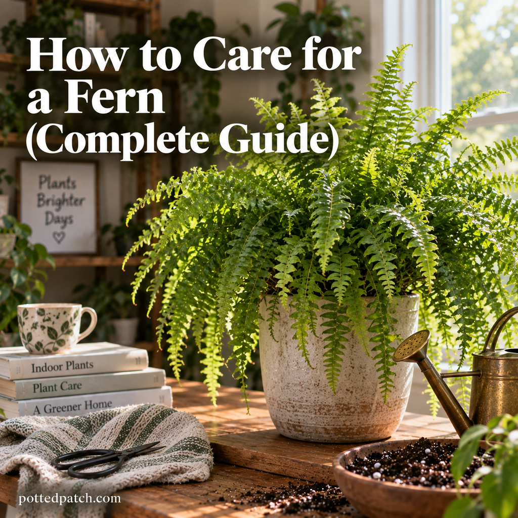 Healthy Boston fern with lush green fronds growing in a ceramic pot beside a bright indoor window