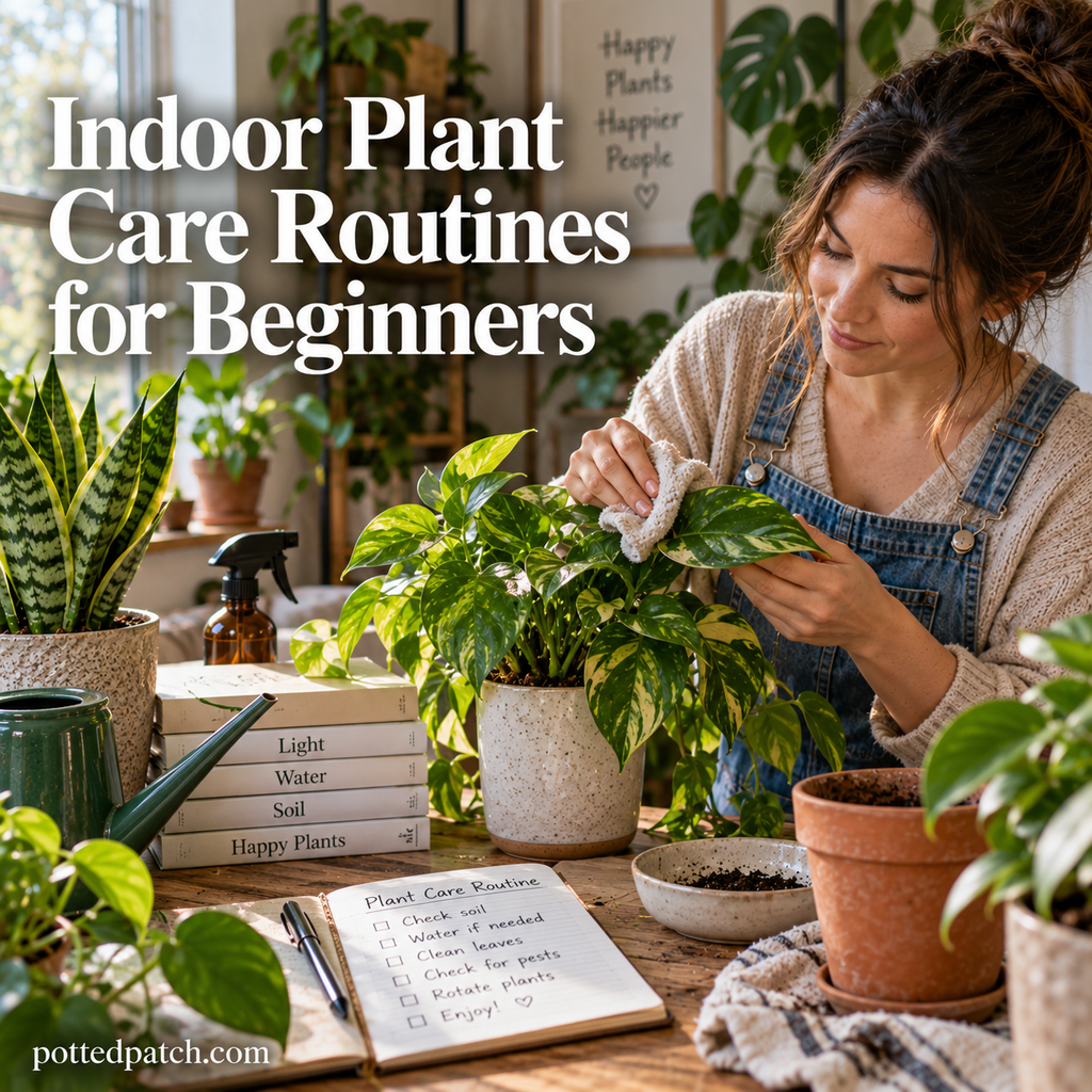 Woman following a beginner indoor plant care routine by cleaning houseplant leaves in a bright home.