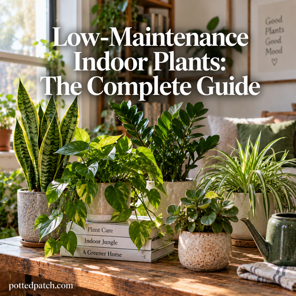 Low-maintenance indoor plants including snake plant, pothos, ZZ plant, and spider plant in a bright home.