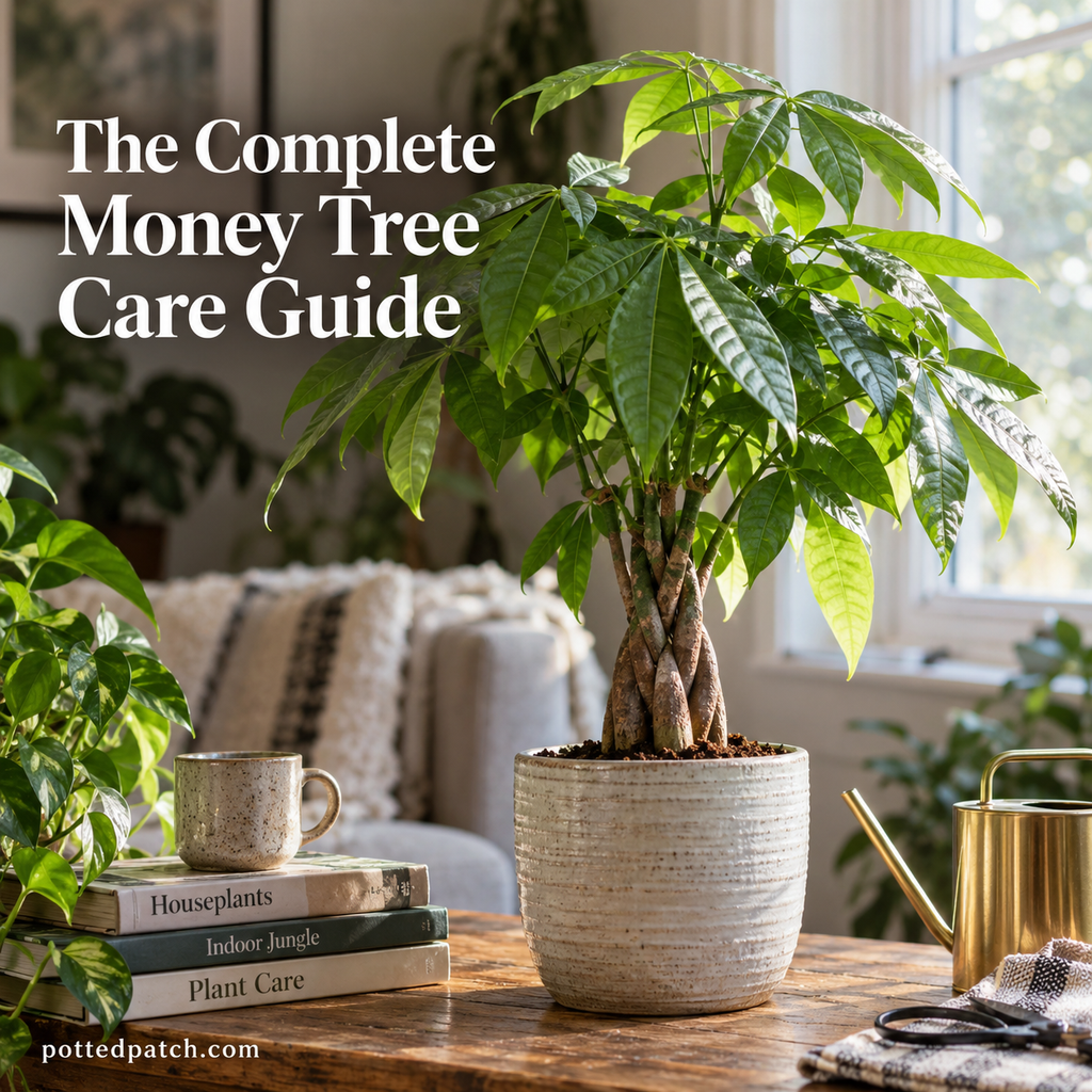Healthy indoor money tree with braided trunk growing in a bright living room
