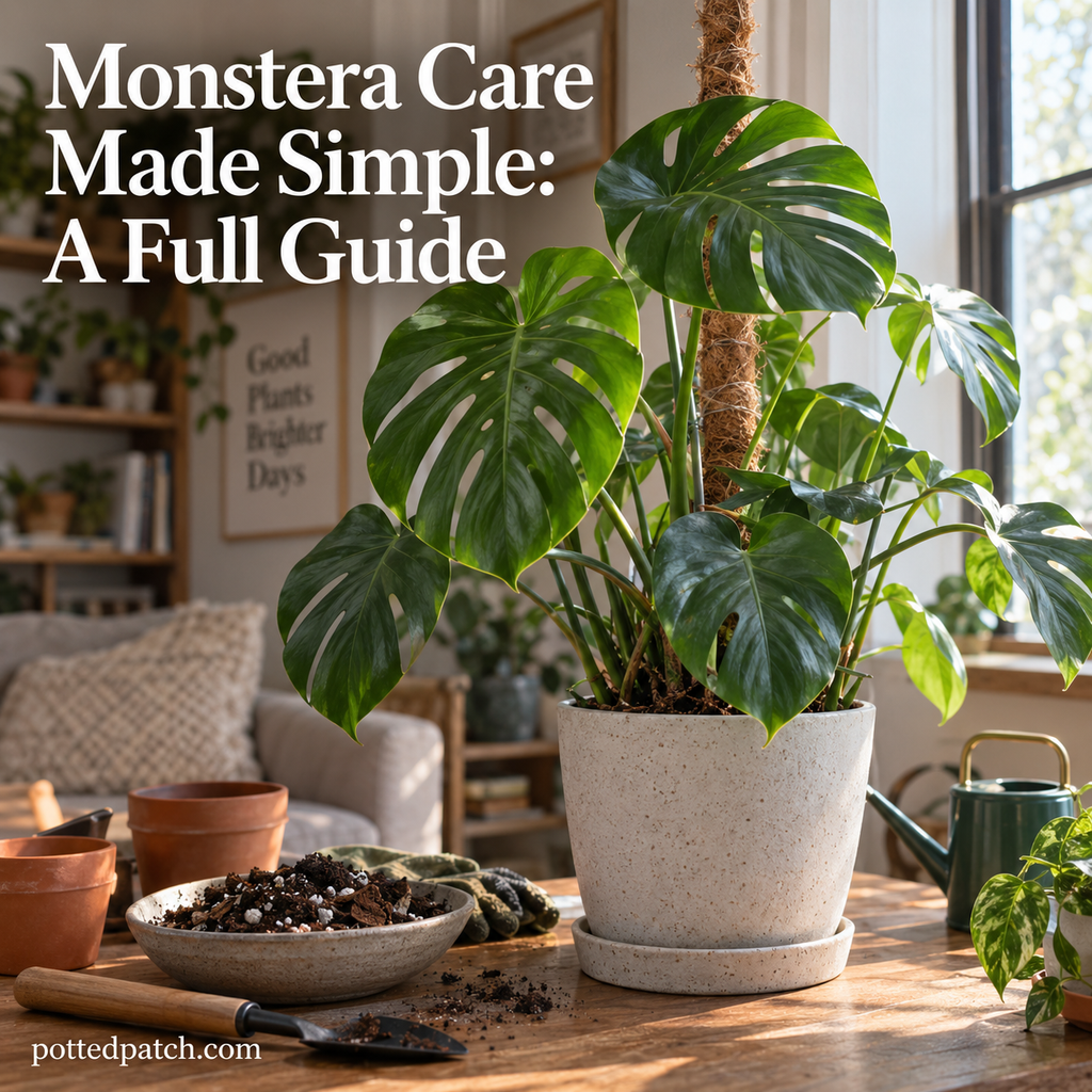 Healthy Monstera deliciosa growing indoors in bright natural light with potting soil and plant care tools nearby