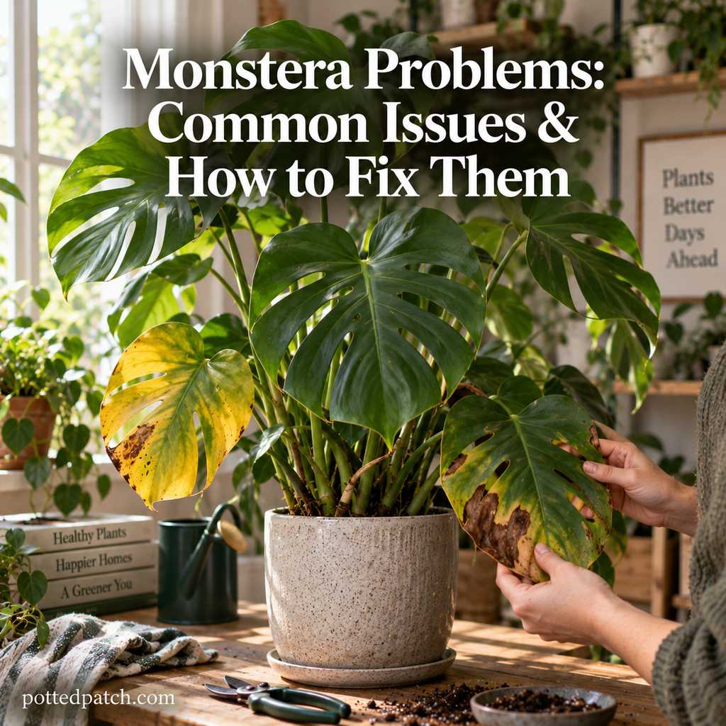 Monstera plant with yellow leaves and brown spots being inspected for common plant problems
